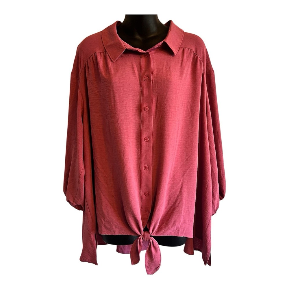 Lane Bryant Size 22/24 Collared Button Down Tie Front 3/4 Sleeve‎ Mauve Blouse